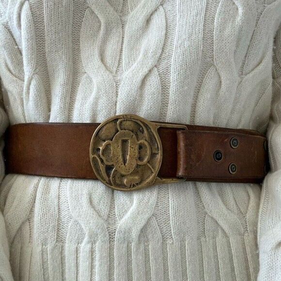 Vintage Womens 1970s Brown Leather Solid Brass Geometric Hippie Belt Sz L - Picture 2 of 5